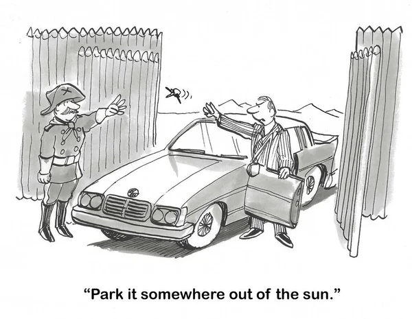 BW cartoon of a professional male tossing his keys to a military officer in a desert barracks.  The professional asks to park it \'out of the sun\'.