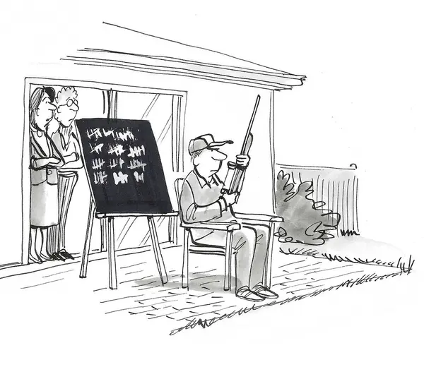 Карикатура Жену Друга Смотрящую Своего Мужа Сидящего Снаружи Кресле Своей — стоковое фото