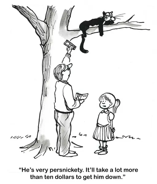 Bw卡通猫在高高的树枝上 父亲给那只猫10美元让它下来 女儿说 这将需要更多的 免版税图库照片