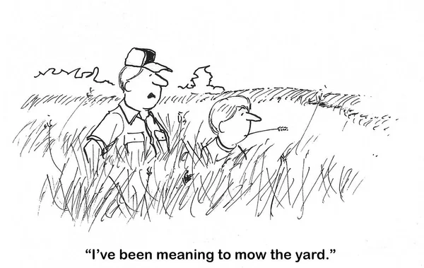 Bw卡通的父亲和儿子在他们的院子里 他们的草长到肩膀 父亲说他一直想割草 图库图片