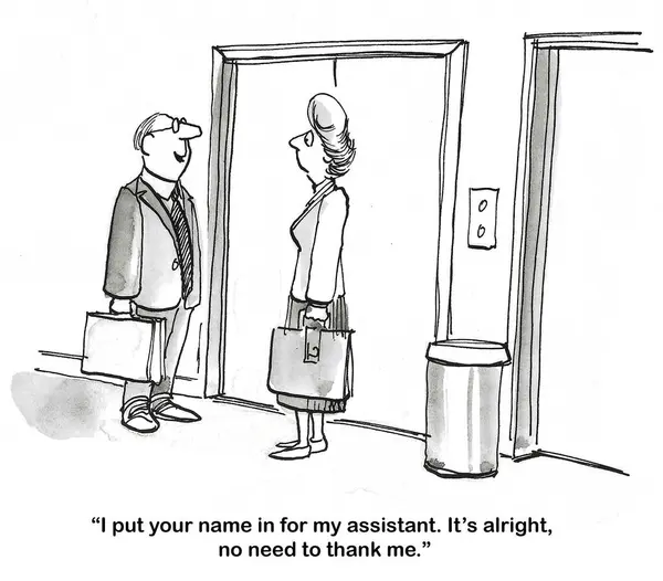 一位男性老板在Bw漫画中告诉女性专业人士 他把她的名字列入了他的助手名单 免版税图库照片