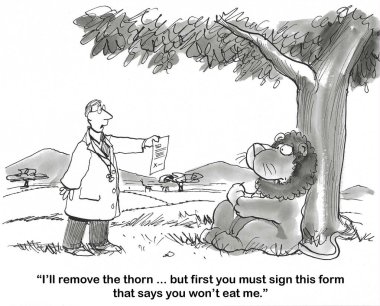 Bir aslanın çizgi filmi dikenli bir dikene karşı can yakar. Doktor, aslanın doktoru yemeyeceğini belirten bir form imzalamasına yardım edecek..