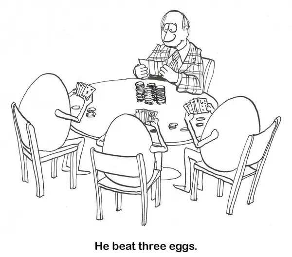 Dibujos Animados Hombre Jugando Póquer Con Tres Huevos Está Ganando — Foto de Stock