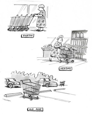 Bir alışveriş arabasının üç yaşam biçimini betimleyen BW karikatürü.