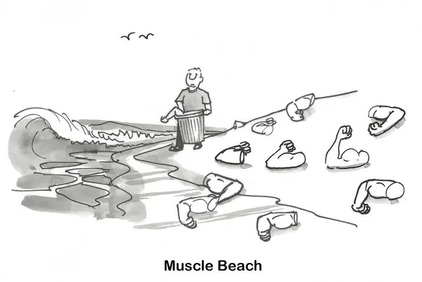 BW cartoon of many muscles laying on a beach.  The beach is called \'Muscle Beach\'.