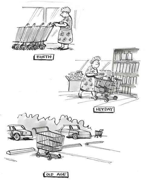 Cartoon Depicting Three Lifestages Shopping Cart — Stock Photo, Image
