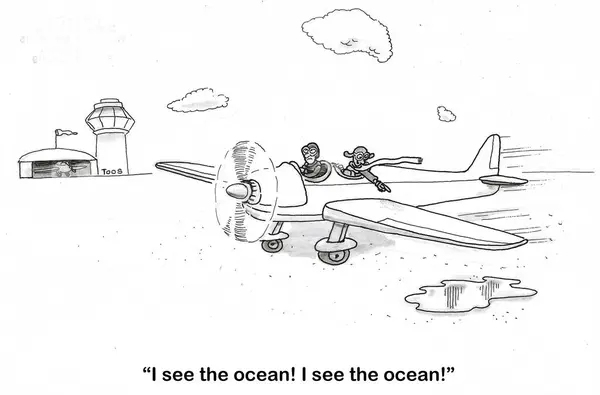 離陸しようとしている小さな飛行機のBw漫画 乗客はまだ地面にいることに気づいていません ストック画像