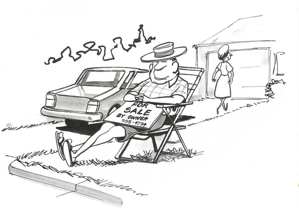 Karikatura Manželky Která Dala Svého Spícího Manžela Stranu Ulice Nápisem — Stock fotografie
