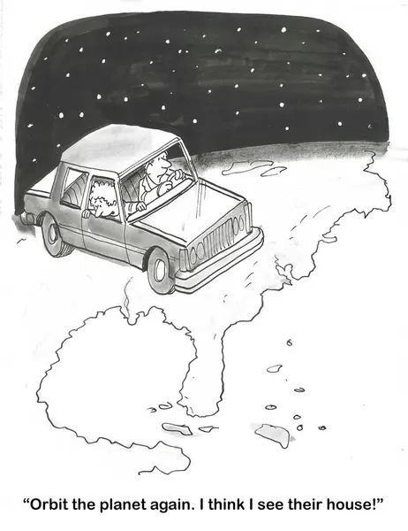 Cartoon Couple Orbiting Planet Car Wife Says Orbit Again She — Stock Photo, Image