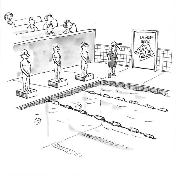 Karikatura Plaveckého Střetnutí Prádelna Zavřená Takže Plavci Budou Závodit Bez — Stock fotografie