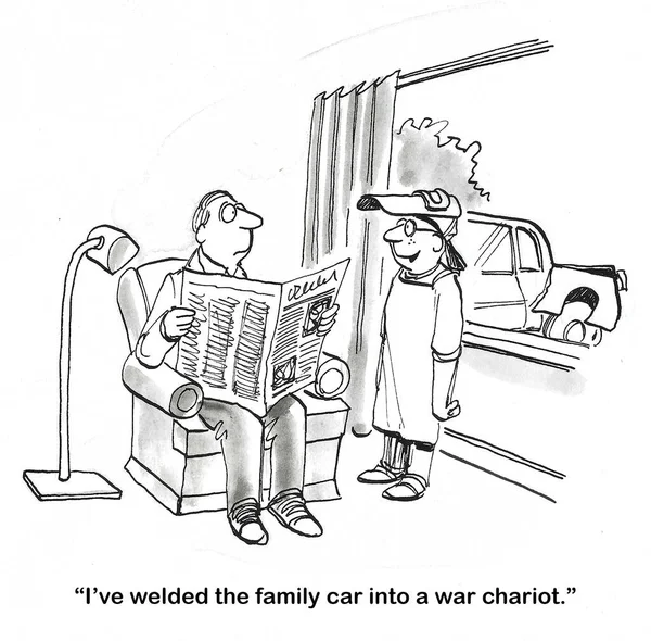 Cartoon Boy Wearing Welder Uniform Tells Father Has Welded Family — Stock Photo, Image