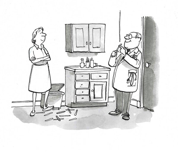 Мультфильм о скучающем враче-мужчине, щёлкающем депрессантами для языка в сторону мусорного бака.