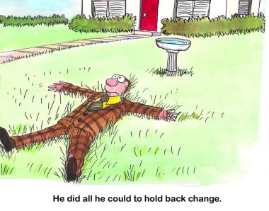 Değişimi sevmeyen bir adamın renkli karikatürü, ot yetiştirmek de dahil..