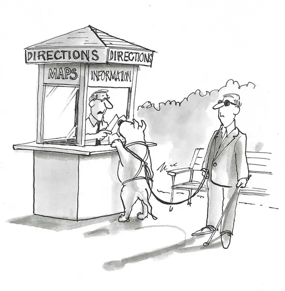 BW cartoon of a seeing eye dog receiving a map of the area so the dog can guide the blind man.