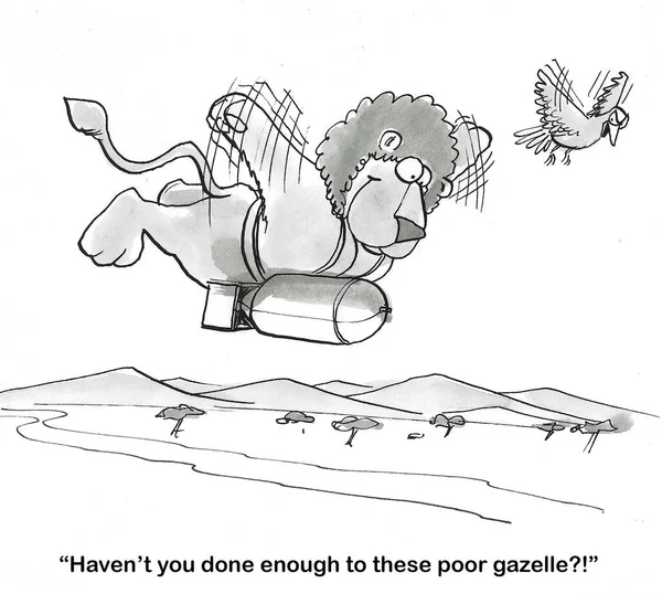 空飛ぶライオンのBw漫画は 貧しいガゼル を爆撃しようとしています — ストック写真