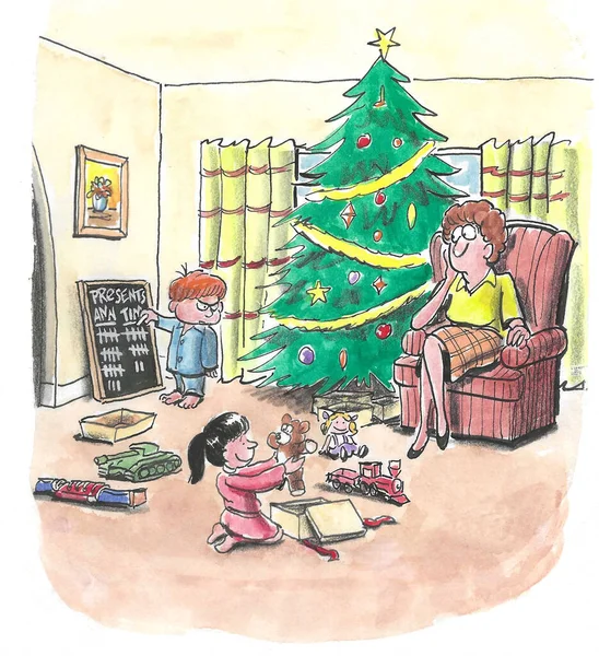 Color cartoon showing a concerned Mom on Christmas morning.  The son is keeping track of the number of presents he receives versus his sister.