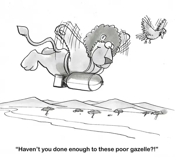 一只飞狮正要轰炸一只可怜的羚羊的Bw漫画 免版税图库图片