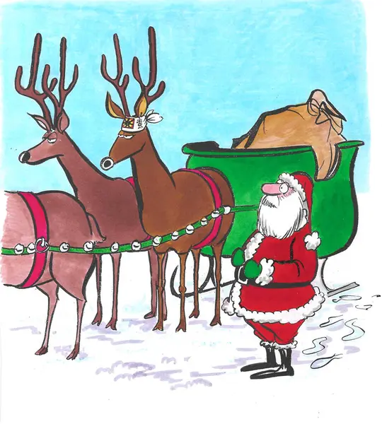 Farbige Karikatur Des Weihnachtsmannes Und Seines Schlittens Der Der Weihnachtsmann Stockfoto