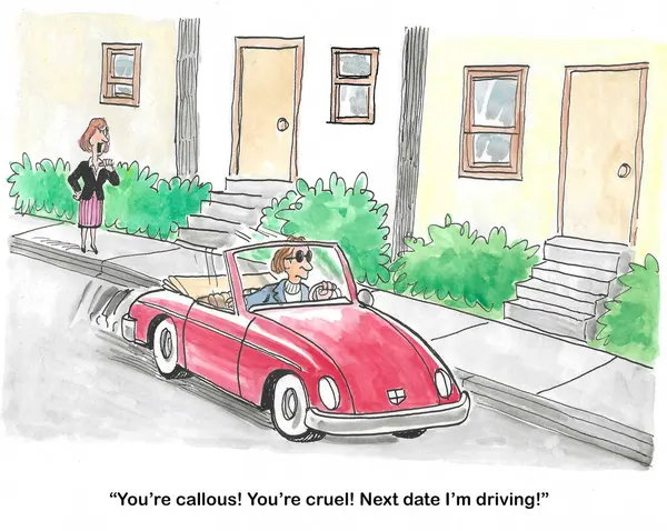 一个男人在跑车上和一个女人对着他大喊的彩色漫画 她对他不满意 坚持要在下次约会开车 图库图片