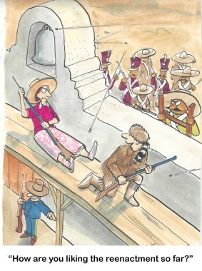 Alamo 'daki bir canlandırmanın renkli karikatürü, karısı için çok gerçekçi..