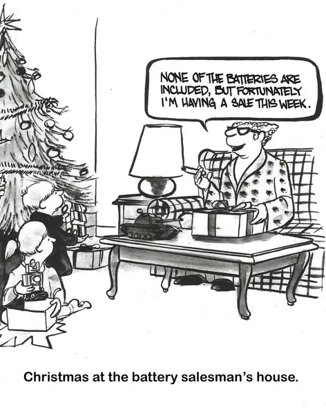 罪のない父親のBw漫画 子供のクリスマスプレゼントはバッテリーなしで届きました 彼らは父親 バッテリーセールスマンから購入することができます — ストック写真