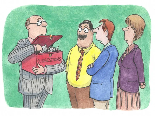 Color cartoon of a boss and his three employees.  He is opening their suggestion box, they are nervous.