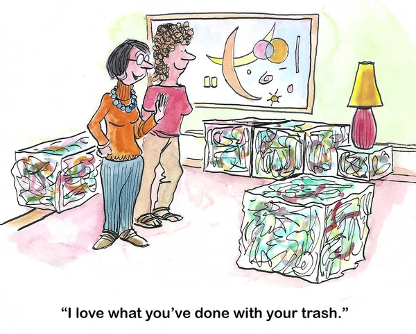Color Cartoon Showing Woman Show Has Converted Her Trash Furniture — Stock Photo, Image