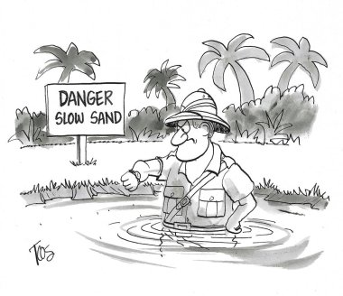 BW cartoon of a man on safari.  He's gotten stuck in quicksand, that is moving quite slowly.  He is impatient. clipart