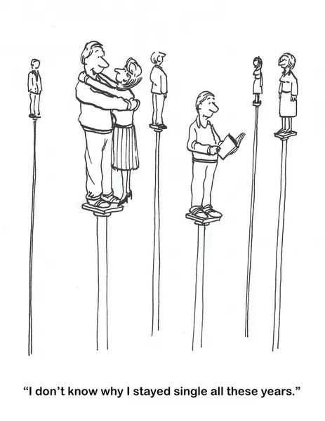 BW cartoon of single humans who live on poles.  A man and a woman finally got together romantically, both on one pole.