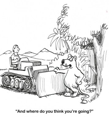 BW çizgi filmi vahşi bir ayının buldozerin ormanı yok etmesini engellediğini gösteriyor..