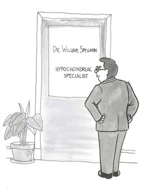 BW cartoon of a patient a bit insulted that the doctor referred to him is a 'hypochondriac specialist'. clipart