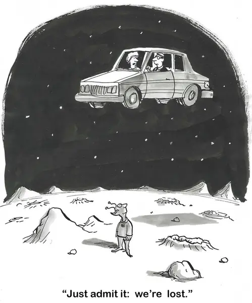 一辆汽车在火星上漂浮的Bw卡通片 妻子想让丈夫承认他们迷路了 图库照片