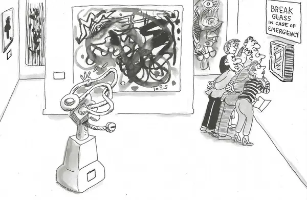 Cartoon Showing Art Patrons Missing Modern Art Looking Emergency Instructions — Stock Photo, Image