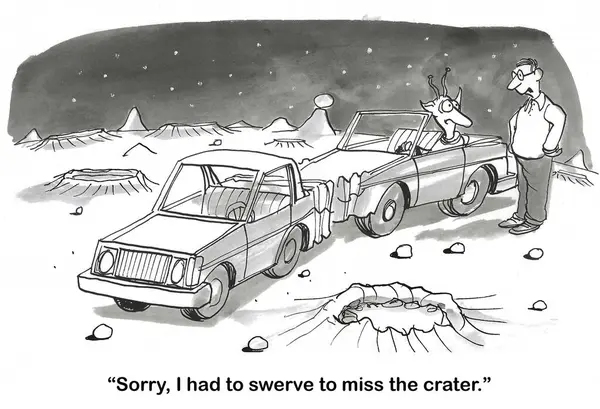 Karikatura Muže Mluvícího Mimozemšťanem Měli Dopravní Nehodu Marsu Vyhýbající Kráteru — Stock fotografie