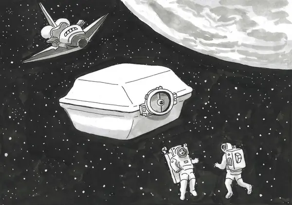BW cartoon showing a huge sandwich box floating in outer space.