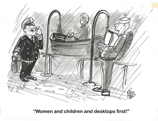Cartoon Sinking Ship Captain Announces Women Children Laptops Allowed First — Stock Photo, Image