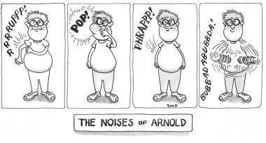 BW cartoon of the different sounds the boy can make with his body. clipart