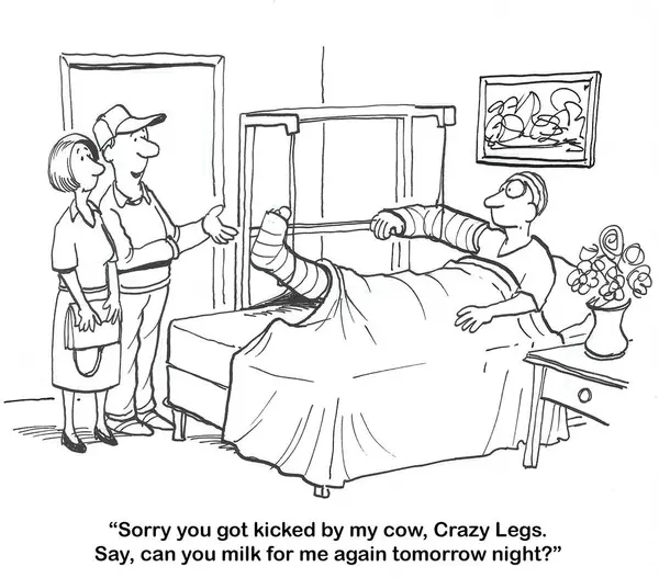 一个农场工人在医院病床上骨折的漫画 因为一头奶牛踢了他 农民希望明天工人也能帮他解决这个问题 免版税图库照片