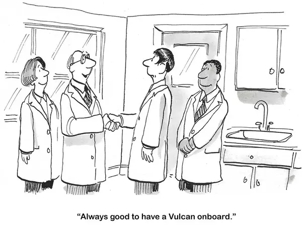 老板欢迎Vulcan加入团队的Bw卡通片 图库照片