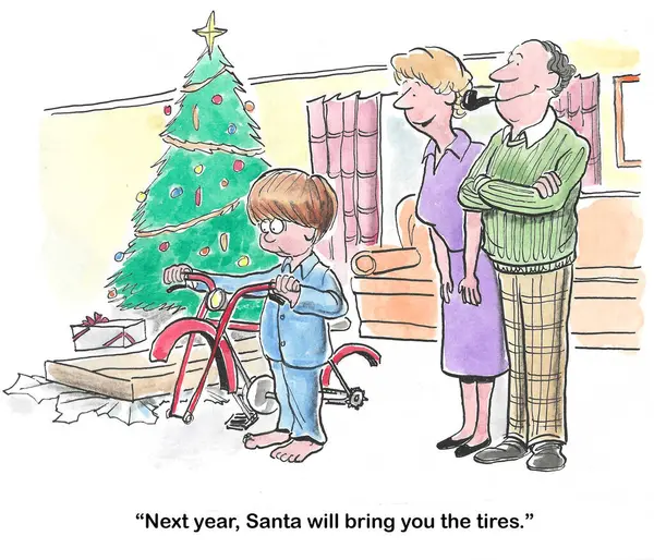 크리스마스에 자전거와 소년의 문제는 타이어를 그들은 내년에 — 스톡 사진