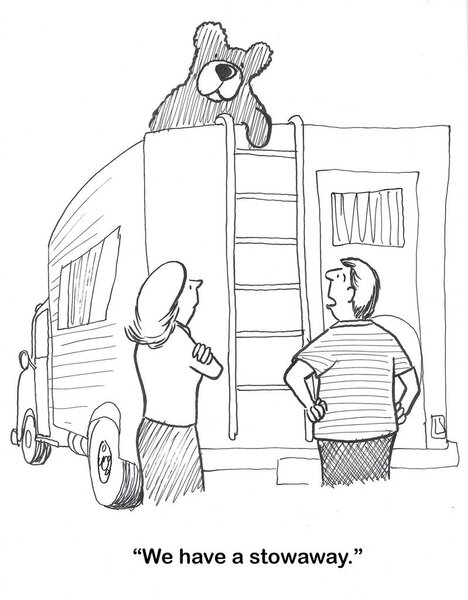 BW cartoon showing a couple traveling in an RV.   They have a wild bear as a stowaway.