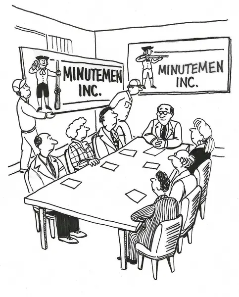 在商务会议上 工人们作为承包商带来了一个新公司名称的标志 这幅Bw漫画展示了工人们在商务会议上的形象 图库图片