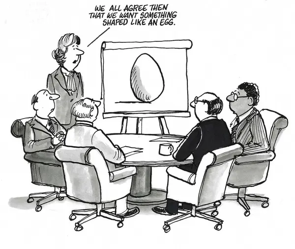 Bw卡通片展示了一个商业团队的会议 他们优柔寡断 领导人建议他们想要一种类似鸡蛋的产品 图库图片
