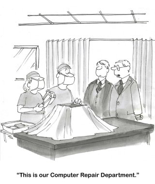 IT ekibinin dizüstü bilgisayarla ameliyat yaptığı bir karikatür..