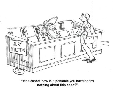 BW legal cartoon about a man who has heard nothing about the popular legal case. clipart