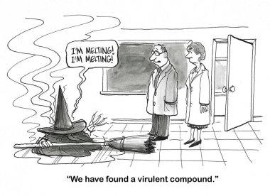 BW cartoon of a witch melting and the scientists excited to have found a virulent compound. clipart