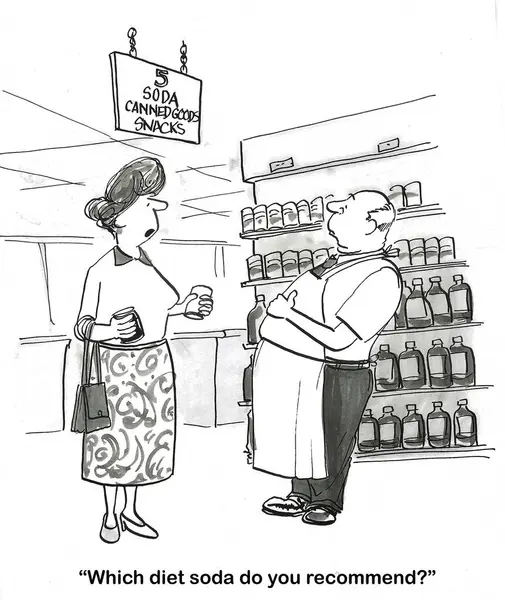 オーバーウェイトの食料品店のBw漫画 顧客は彼にダイエットソーダの推薦を求めています ストックフォト
