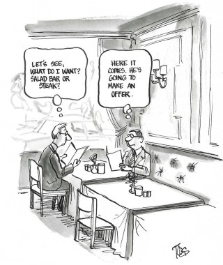 Bir iş adayının karikatürü olası işvereninden çok farklı şeyler düşünüyor.