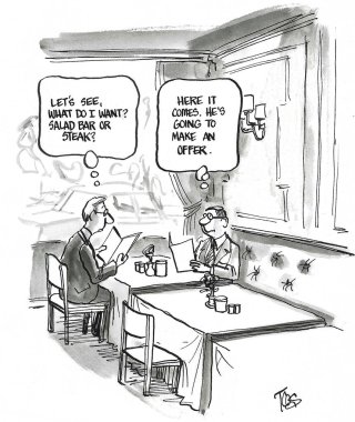 BW cartoon of a job candidate thinking very different thoughts than his prospective employer clipart