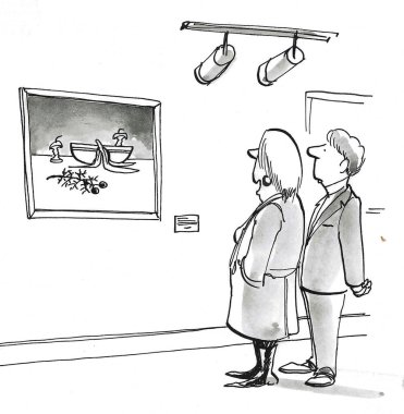 Bir karton sanat müzesi müşterisi aç bir sanatçının eserine bakıyor..